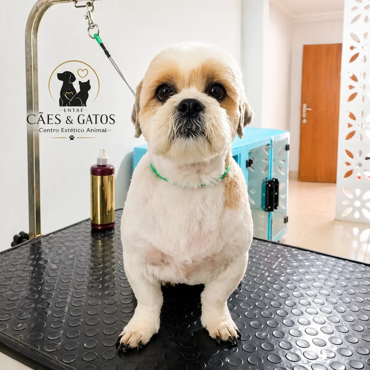 Shih Tzu após a tosa na mesa de atendimento