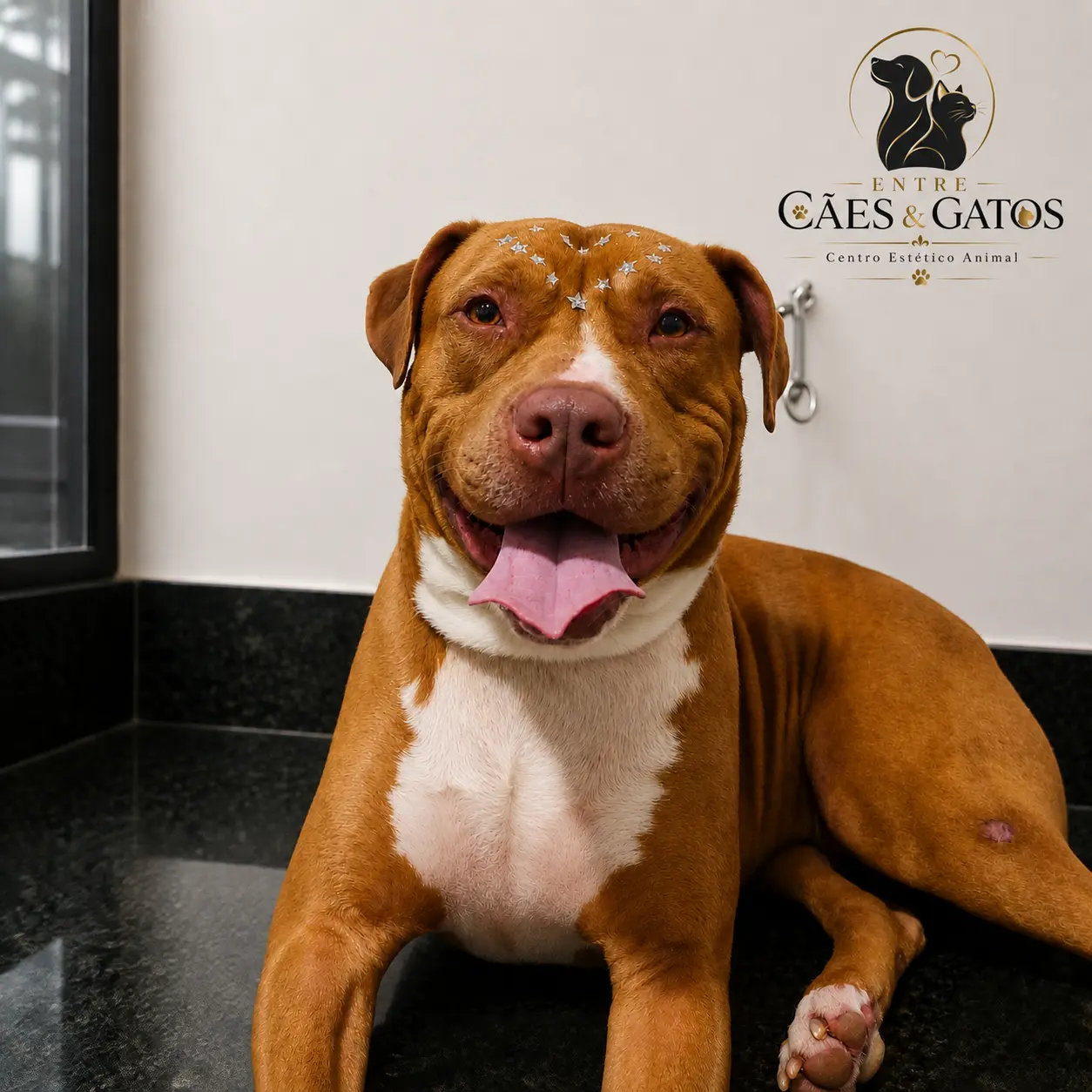 Pit Bull sorrindo após o banho