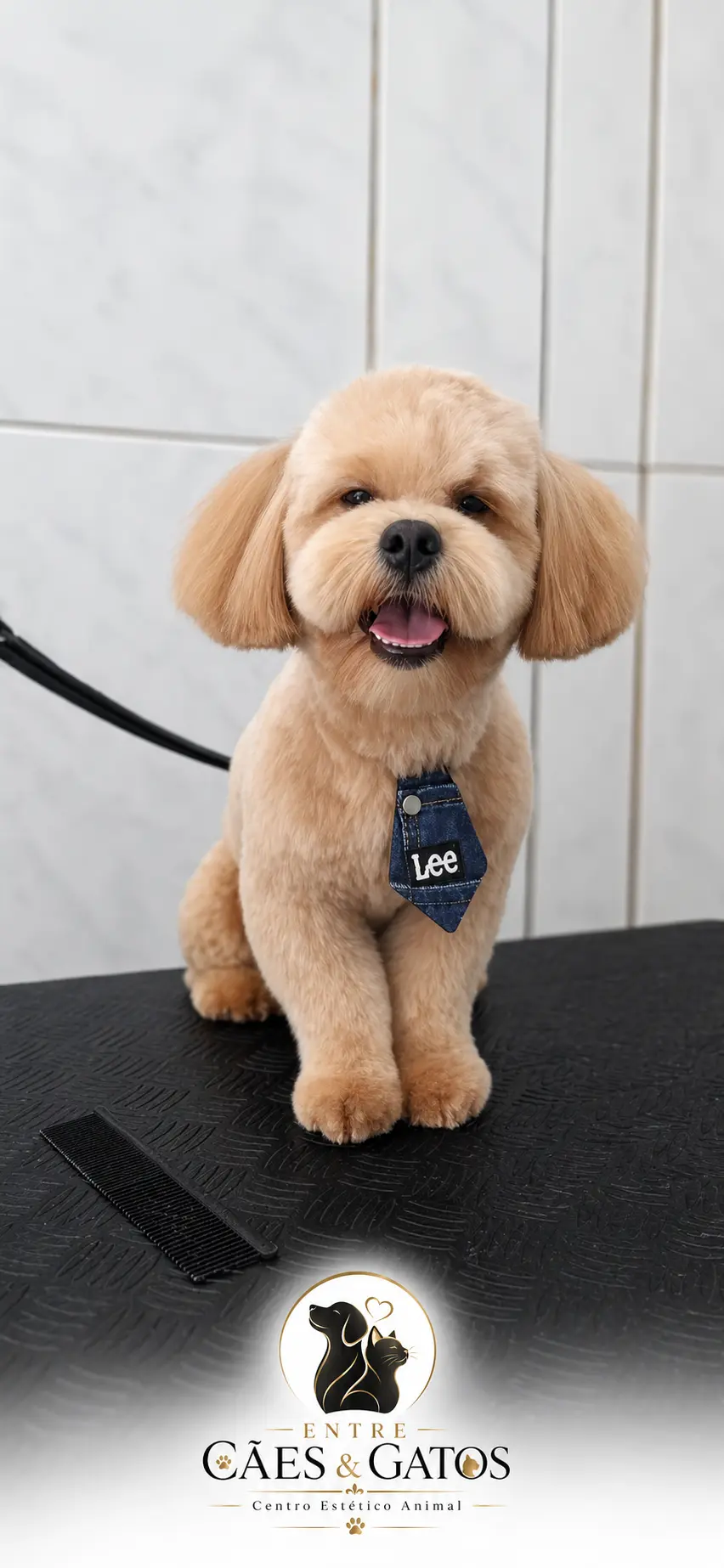 Poodle com tosa na tesoura e gravata