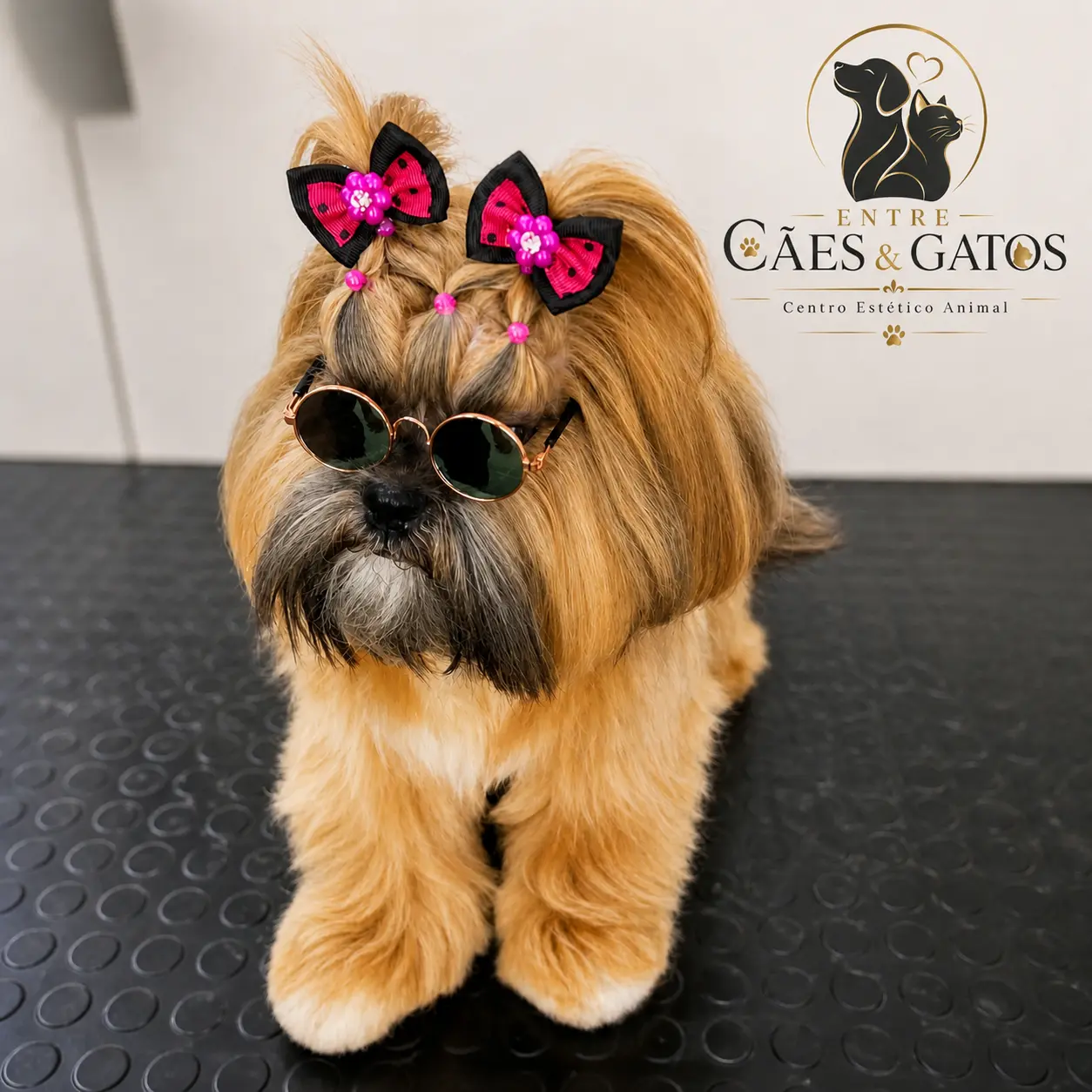 Shih Tzu com laços e óculos