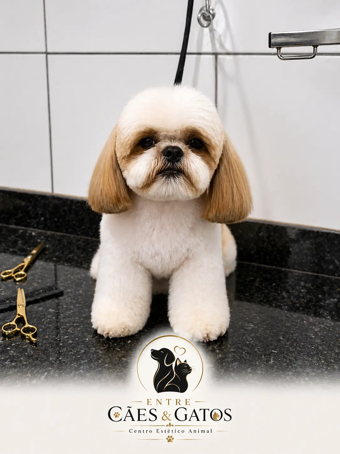 Shih Tzu com tosa bebê na tesoura