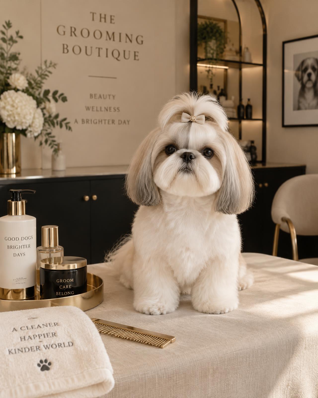 Shih Tzu recém-tosado em ambiente elegante